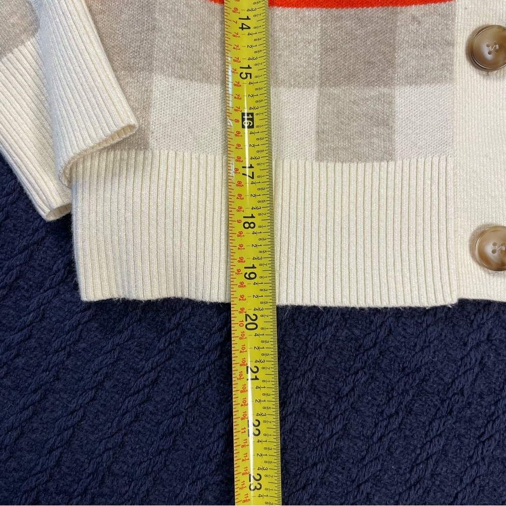 Cyrus Plaid Stripe Cardigan M – Soft Neutral Knit w/ Orange Lines Cozy Preppy - Picture 4 of 9
